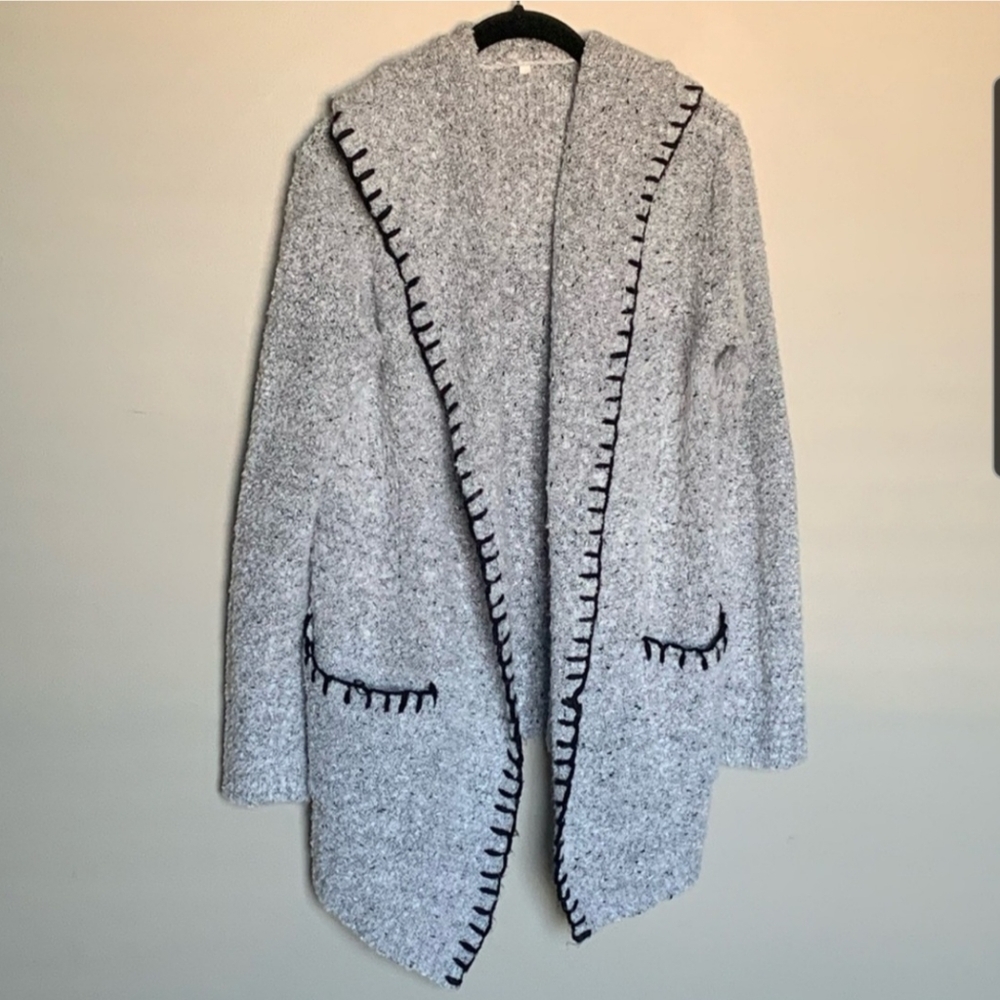 Grey knit hooded duster black edging & pockets